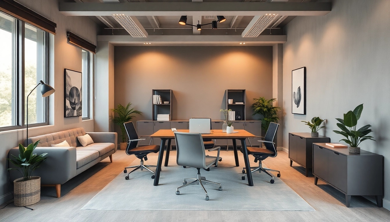 Modernes Büro mit stilvollen Büromöbeln, ergonomischen Stühlen und einem eleganten Schreibtisch.