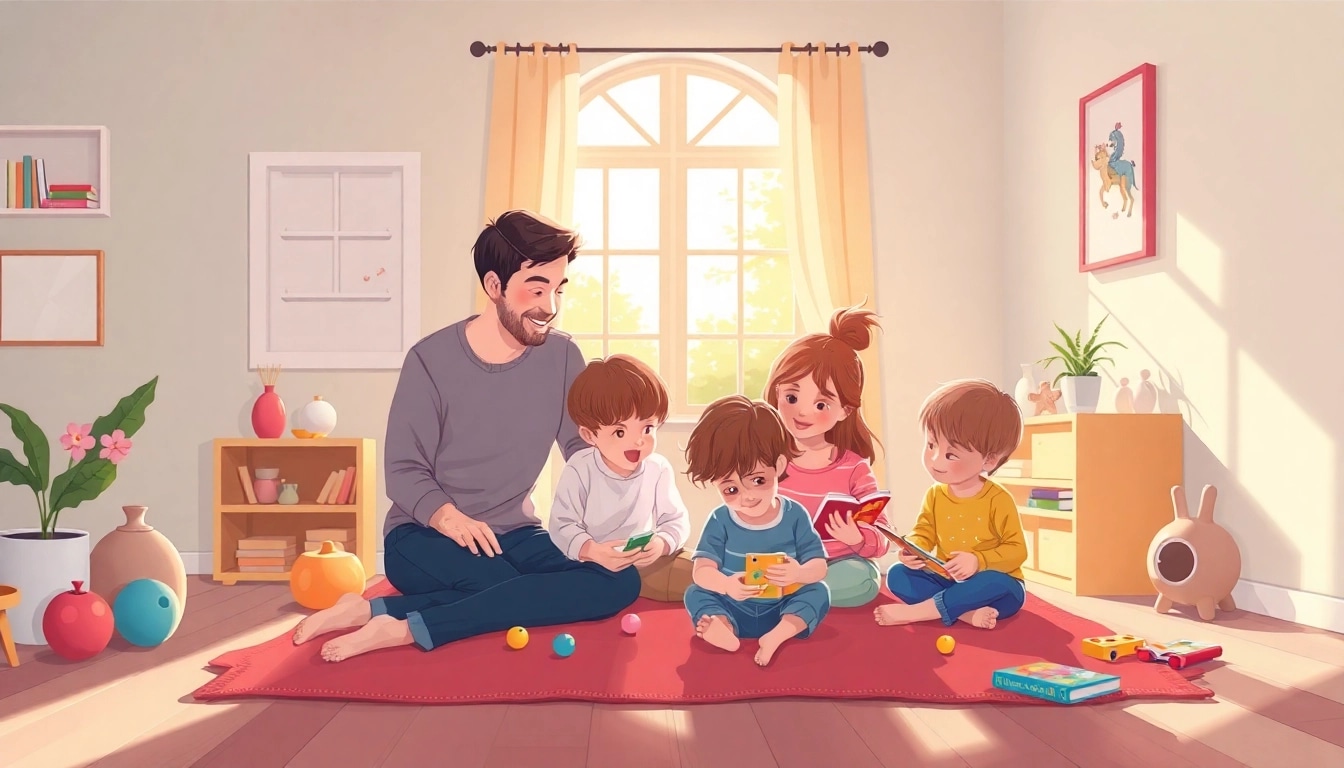 Kindererziehung: Eltern spielen fröhlich mit ihren Kindern in einer einladenden Wohnumgebung, die Wärme und Freude vermittelt.