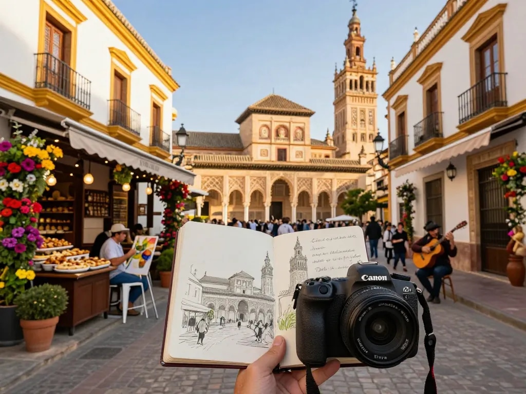 Reisetipps Sevilla: Reisender genießt die sonnigen Straßen mit dem Real Alcázar im Hintergrund, während er kulturelle Szenen skizziert.