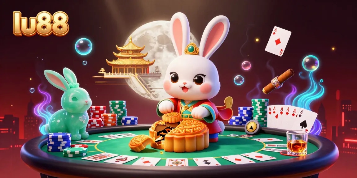 Play poker with lu88 as the moon rabbit and companions celebrate casino winnings on a lunar background.