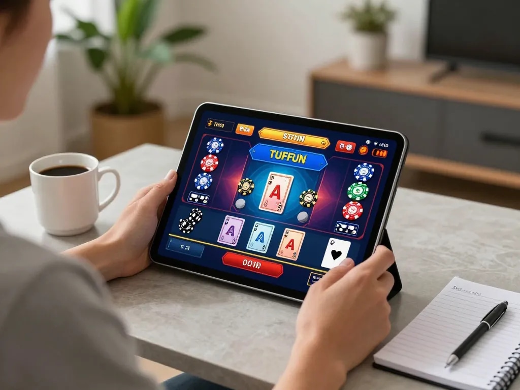 Player engaging with the TV88 casino app on a tablet, showcasing a vibrant poker game.
