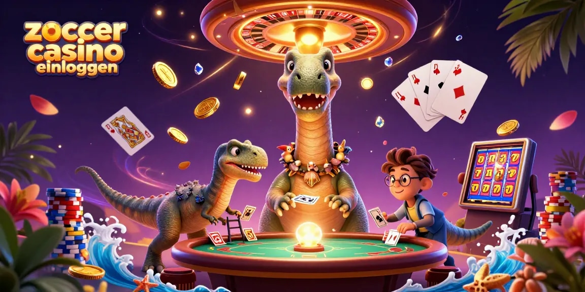 Erlebe das zoccer casino einloggen mit einem spielenden Brontosaurus und einem raffinierten Raptor in einem bunten Casino-Szenario.