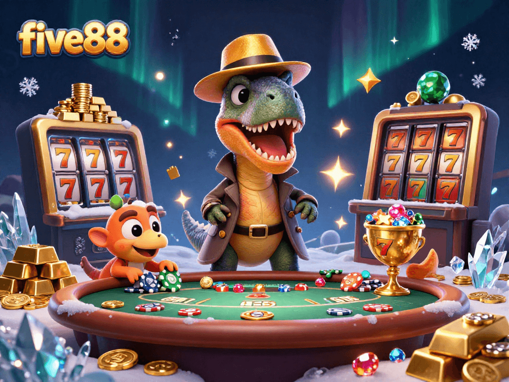 Play blackjack with exciting action at five88 featuring a velociraptor card counter and treasures.