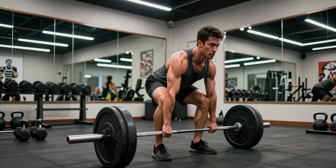 Starker Bodybuilder im Selliza Shop beim Training mit Gewichten.