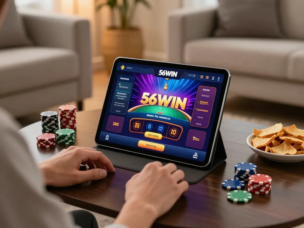 56WIN user engaged in online casino game at home, illustrating strategic gaming atmosphere