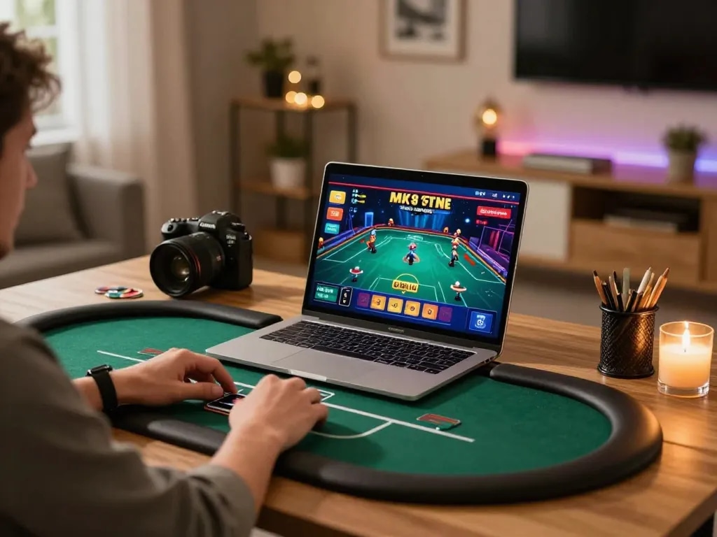 Engaging with mk8's online poker platform with laptop setup in cozy home office.