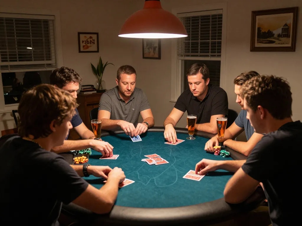 In an engaging poker night scene, players interact while showcasing keonhacaii strategies and camaraderie.