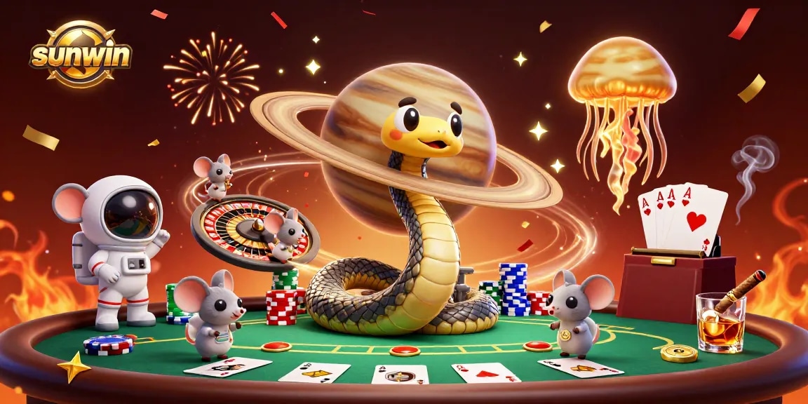 Sunwin's vibrant 3D cosmic casino scene with snake roulette and astronaut mice betting.