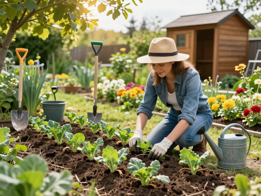 Gardener planting lauchpflanzen in a vibrant summer garden, surrounded by colorful flowers.