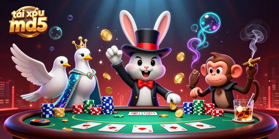 Experience exciting tài xỉu md5 gameplay with vibrant characters, poker chips, and magical visuals.