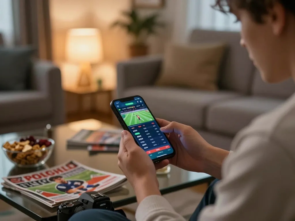 A person engaging in mobile sports betting on their smartphone, showcasing 90P in a cozy living room setting.
