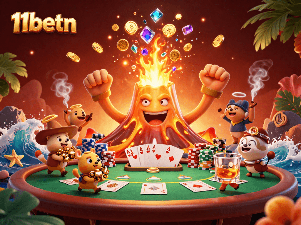 Experience thrilling wins on 11betn with treasure-filled volcano, vibrant poker action, and glamorous casino elements.