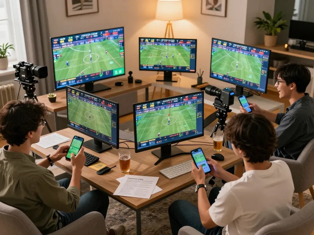 Bsport enthusiasts engaging in online sports betting at home, showcasing excitement and strategy with devices