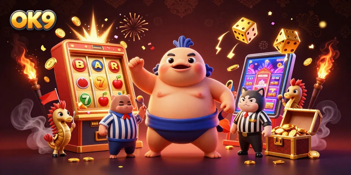 Experience thrilling gameplay with OK9's vibrant casino scene featuring dynamic slot machines and engaging characters.