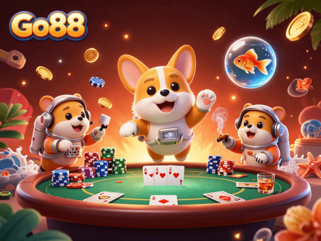 Go88 offers an exciting experience with a corgi astronaut in a vibrant casino scene.