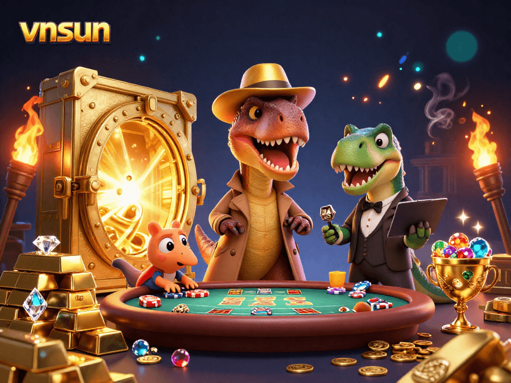 Experience exhilarating gaming at vnsun with a dapper velociraptor card counter and glimmering treasures.