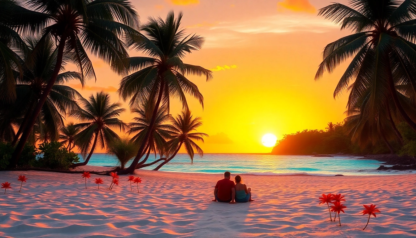 Fernreisen am Strand mit einem glücklichen Paar und tropischen Pflanzen.