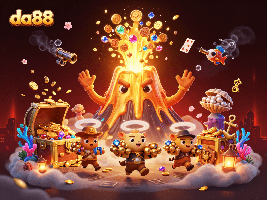 Play exciting games at da88, where a golden volcano erupts treasure in a whimsical casino scene.