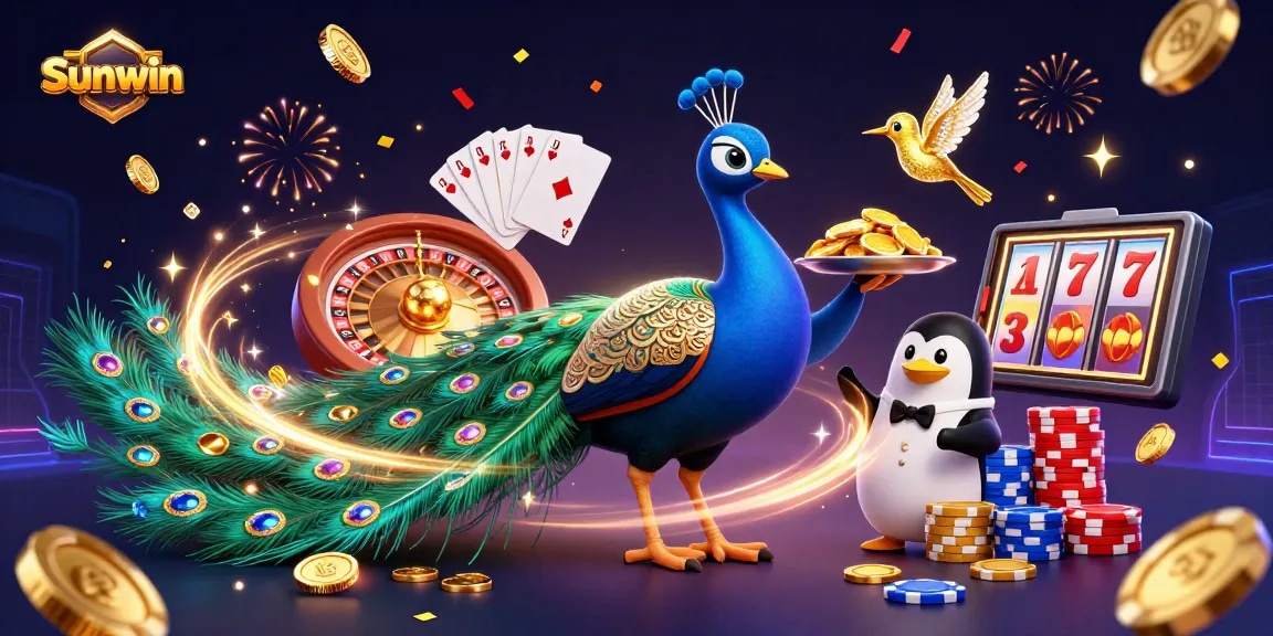 Experience thrilling wins at Sunwin with a 3D scene showcasing vibrant casino characters and games.