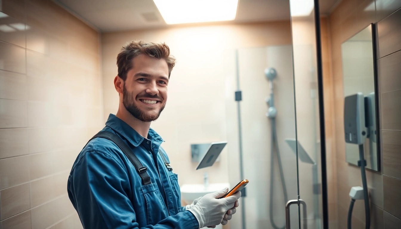 Techniker eines Sanitär Notdienstes repariert Badezimmerinstallationen in einer modernen Wohnung.