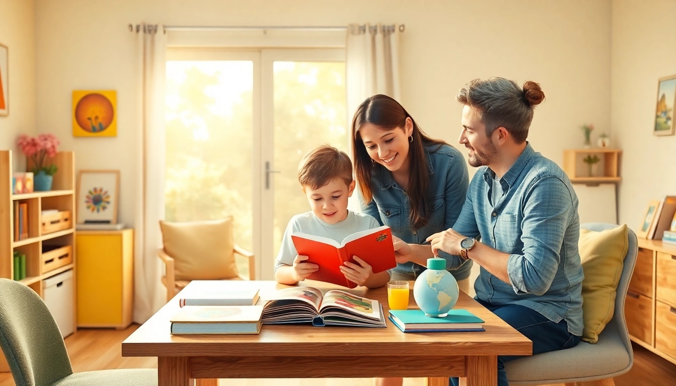 Familienfreundliche Heimunterricht-Szene mit Eltern und Kind am Tisch