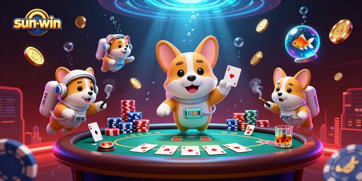 Experience sun-win gaming excitement with a floating corgi and vibrant casino elements in space.
