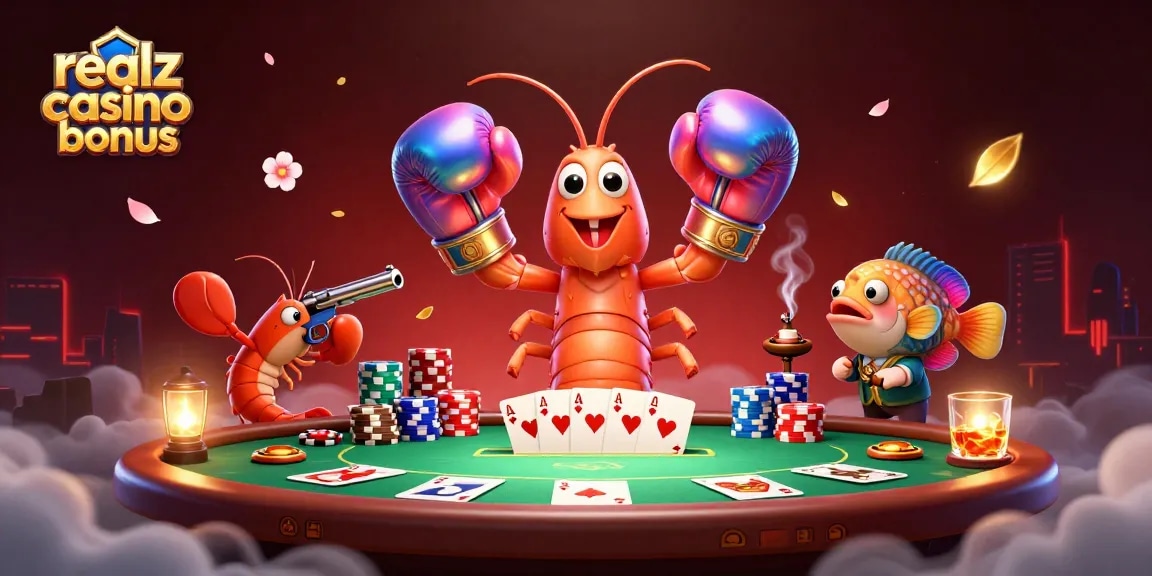 Erlebe den Realz Casino Bonus in einem spannenden Pokerkampf, umgeben von Chips und Karten.