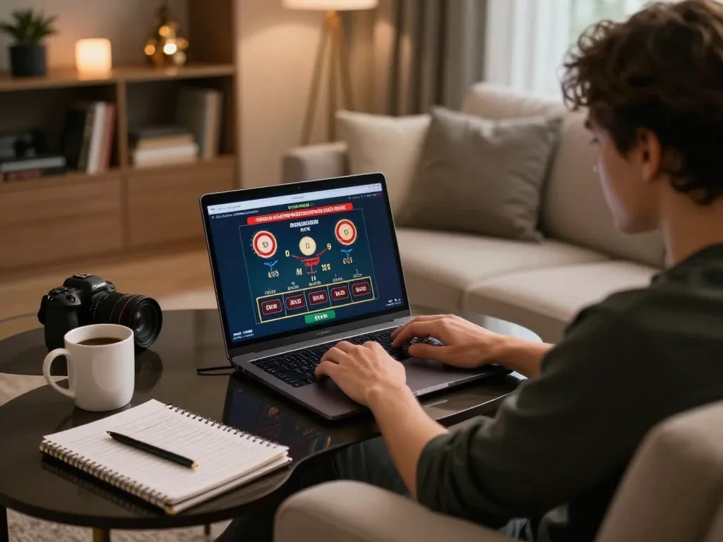 The person engages in online casino gaming at home using https://va88.uno/ for strategic blackjack play.
