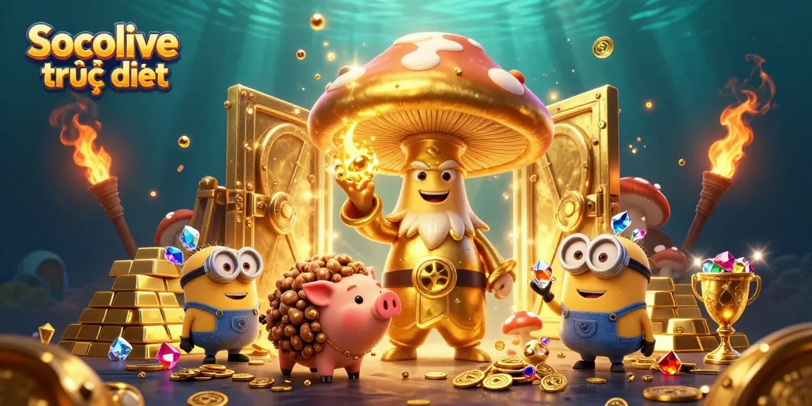 Experience Socolive trực tiếp with dynamic golden wizard and treasure in vibrant illustration.