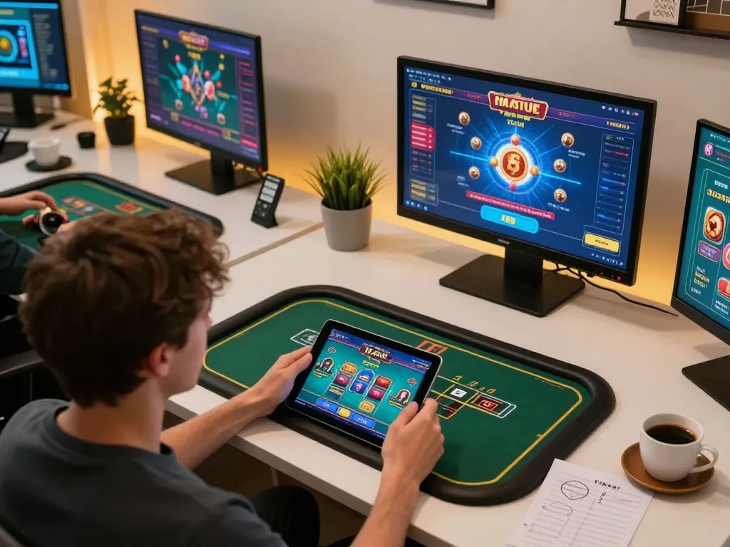 Engaging moment of a player enjoying game tài xỉu on a tablet, showcasing strategic gameplay.
