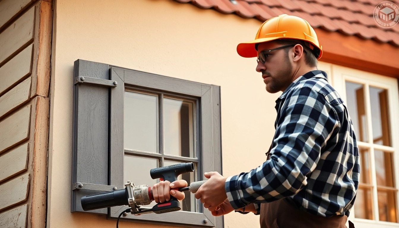 Handwerker bei einer Hausrenovierung verbessert das alte Haus mit frischem Anstrich und neuen Fenstern.