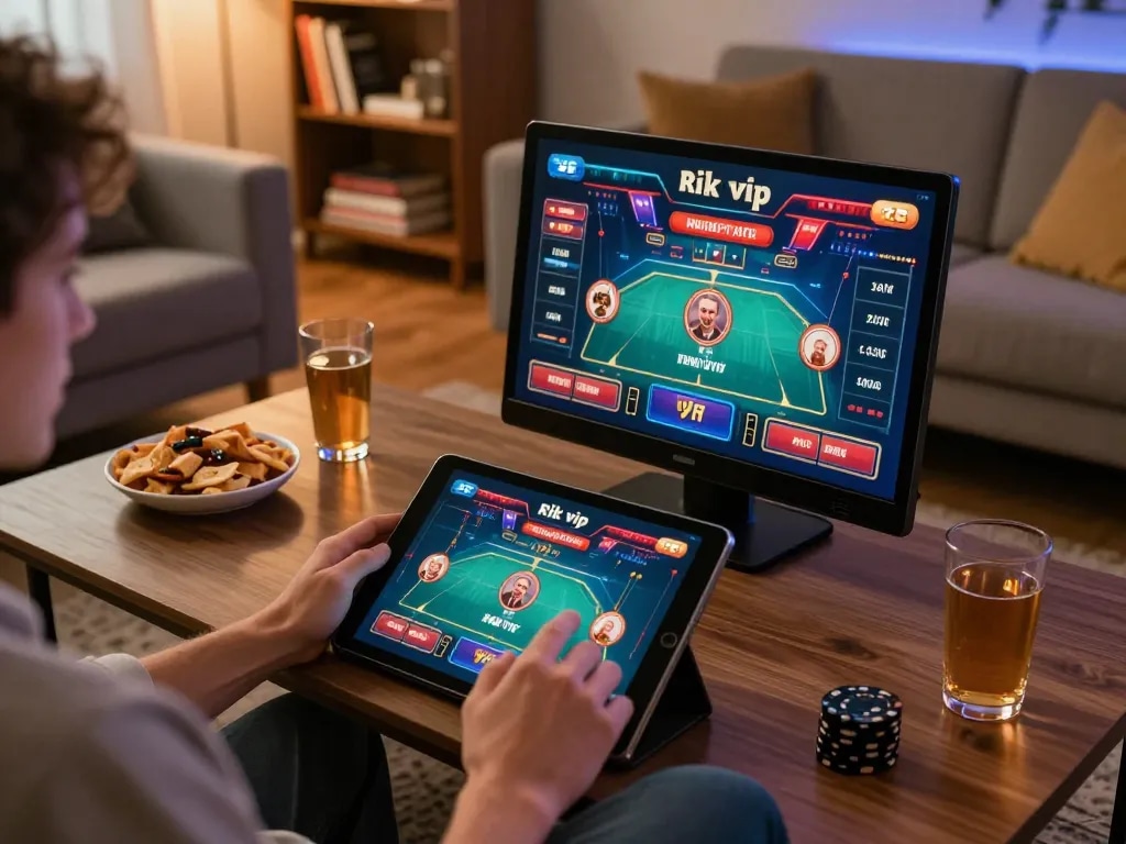 Play poker online at Rik vip with a user engaged in live dealer game on a tablet in cozy home setting.