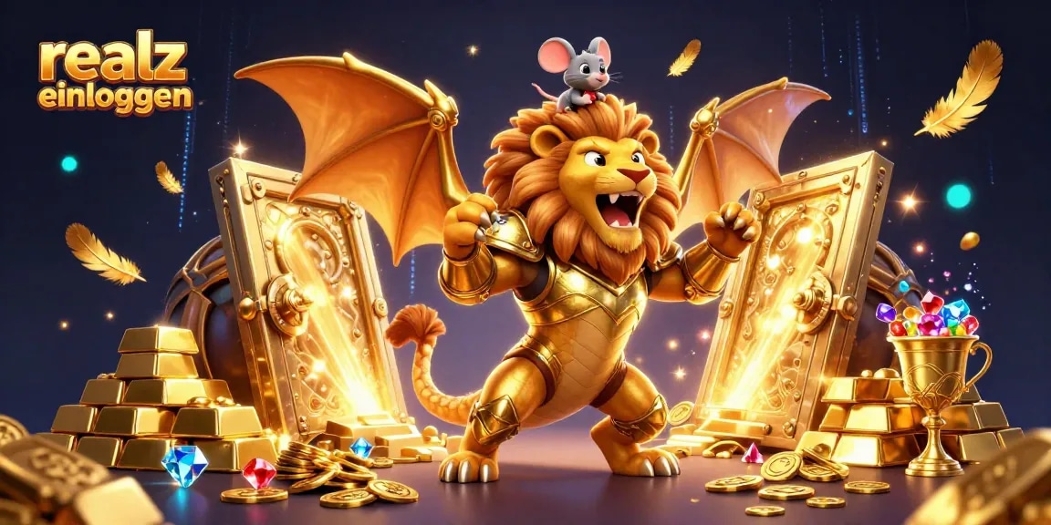 Realz Casino Einloggen: Triumphierendes Chimärenwesen im glänzenden Gold und Schatztruhen voller Juwelen.