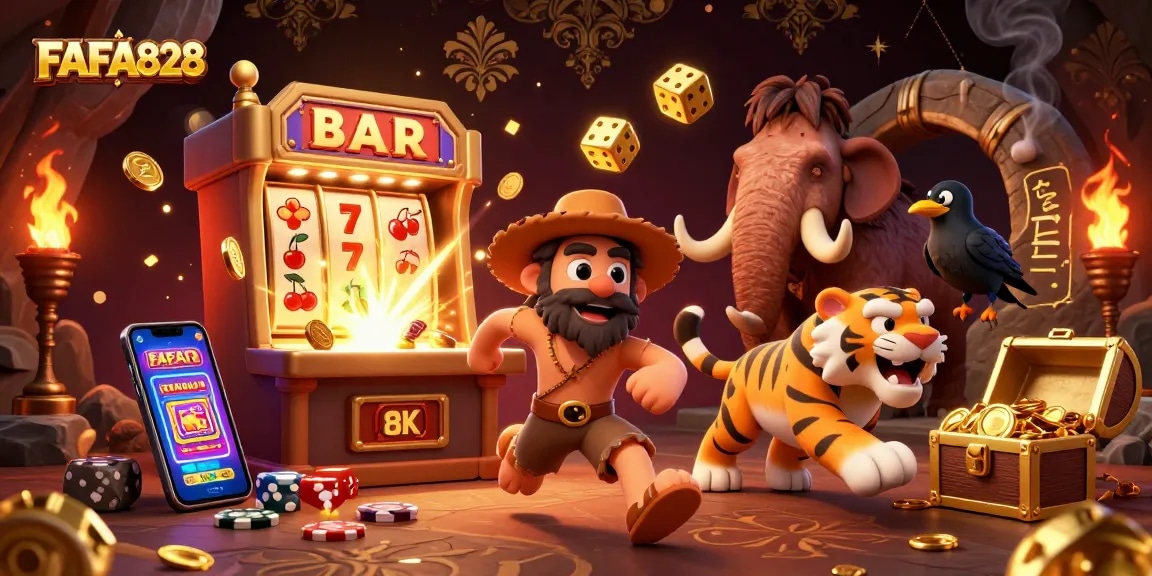 Experience the thrill of FAFA828 in a vibrant 3D casino scene with exciting games and characters.