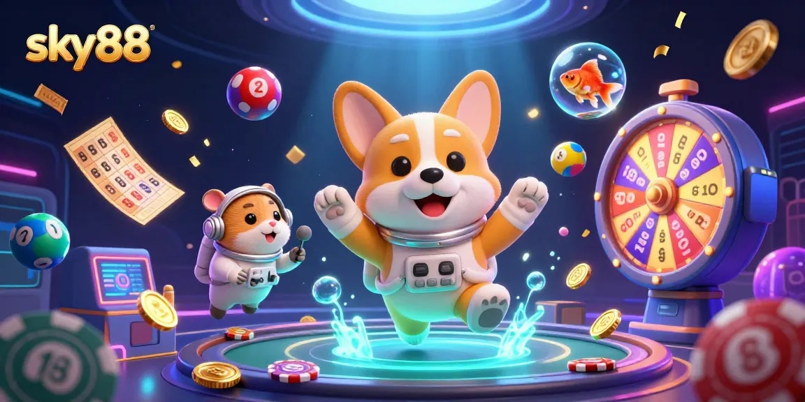 Engage with sky88's vibrant space casino scene, featuring animated characters and thrilling gambling elements.