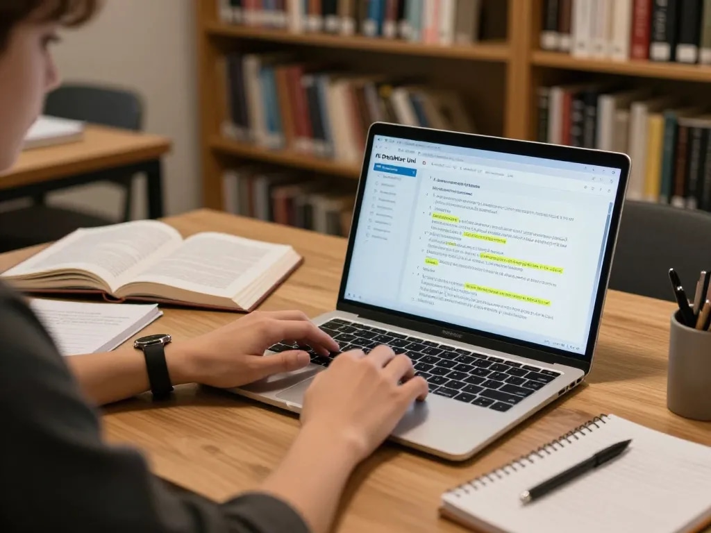 Using KI Detektor Uni to analyze academic texts while studying in a cozy office setting