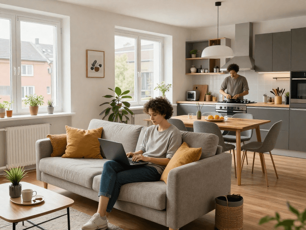 Moderne Monteurwohnung Hannover mit stilvollem Wohnbereich, komplett ausgestattet und einladend.