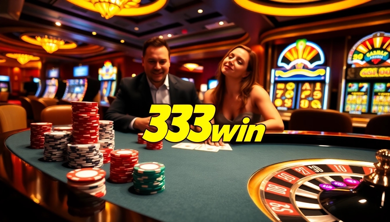 Players engaging at a luxurious casino table featuring 33win inspired poker chips and cards.