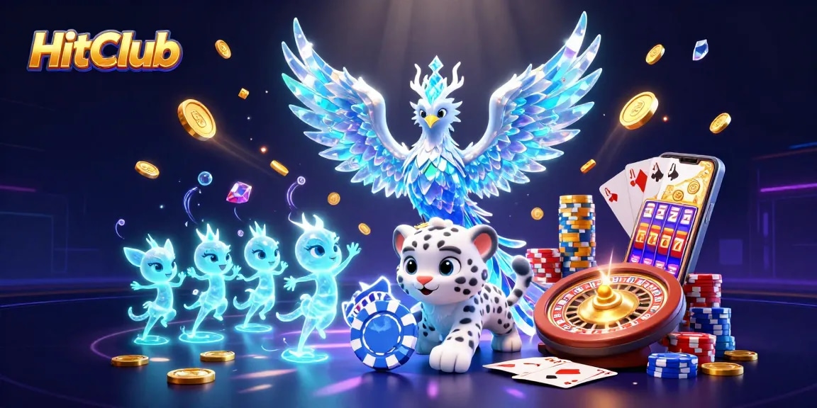 Engage in thrilling gaming at HitClub with ice phoenix, poker chips, and vibrant slot elements!