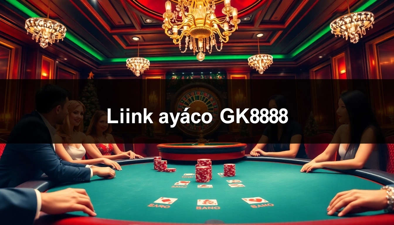 Players enjoying a high-stakes game at a casino table with Link vào GK88 banner prominently displayed.