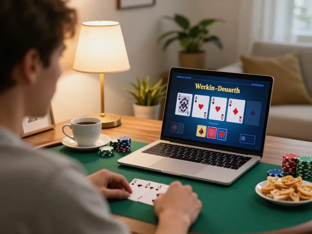 Engaging in a live poker game on go8casino with a strategic approach at home, warm atmosphere