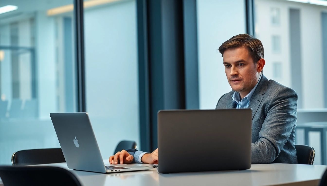 Professioneller Headhunter IT arbeitet konzentriert an einem Laptop mit Lebensläufen in einem modernen Büro.