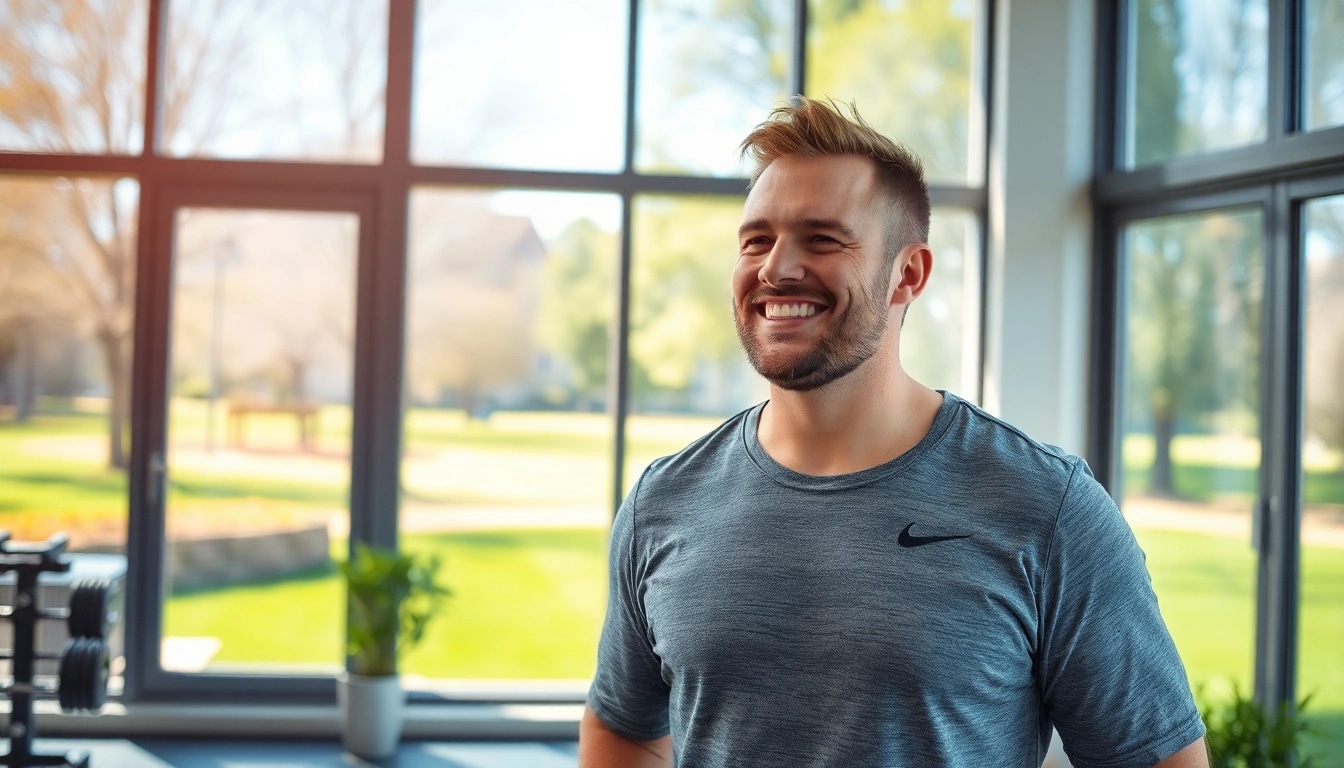 Motivierter Mensch zeigt nach Gewichtsverlust ein glückliches Lächeln im Fitnessstudio.