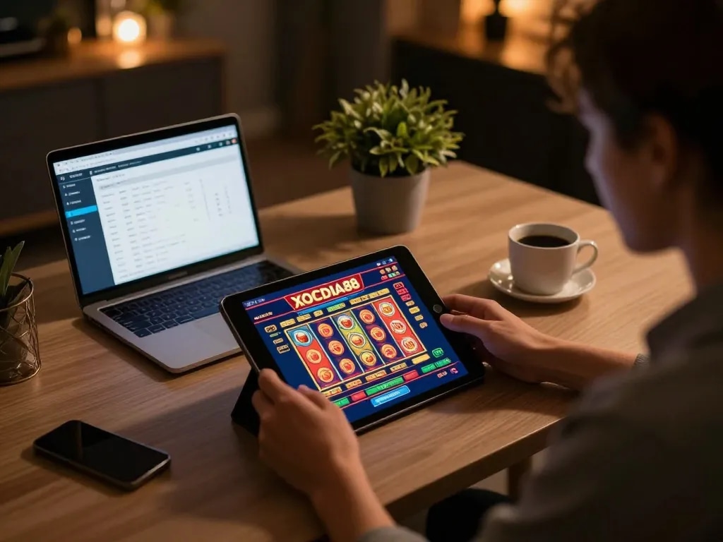 Player enjoying online gambling on XOCDIA88 tablet with vibrant graphics.