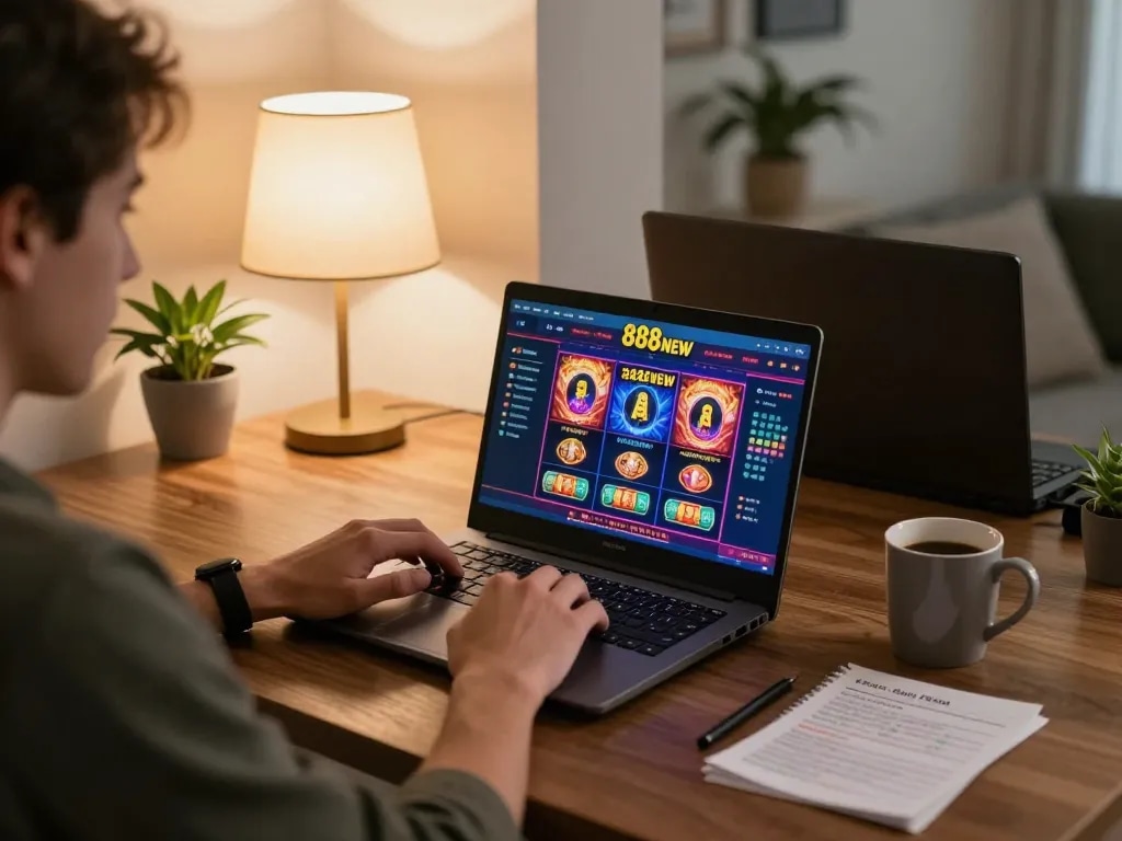 Player enjoying online casino on 888NEW with engaging games and cozy setup