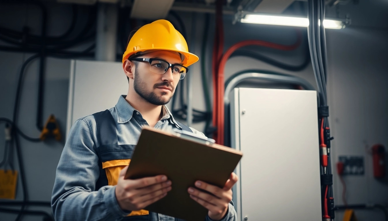 Technician performing DGUV V3 Prüfung to ensure workplace electrical safety compliance.
