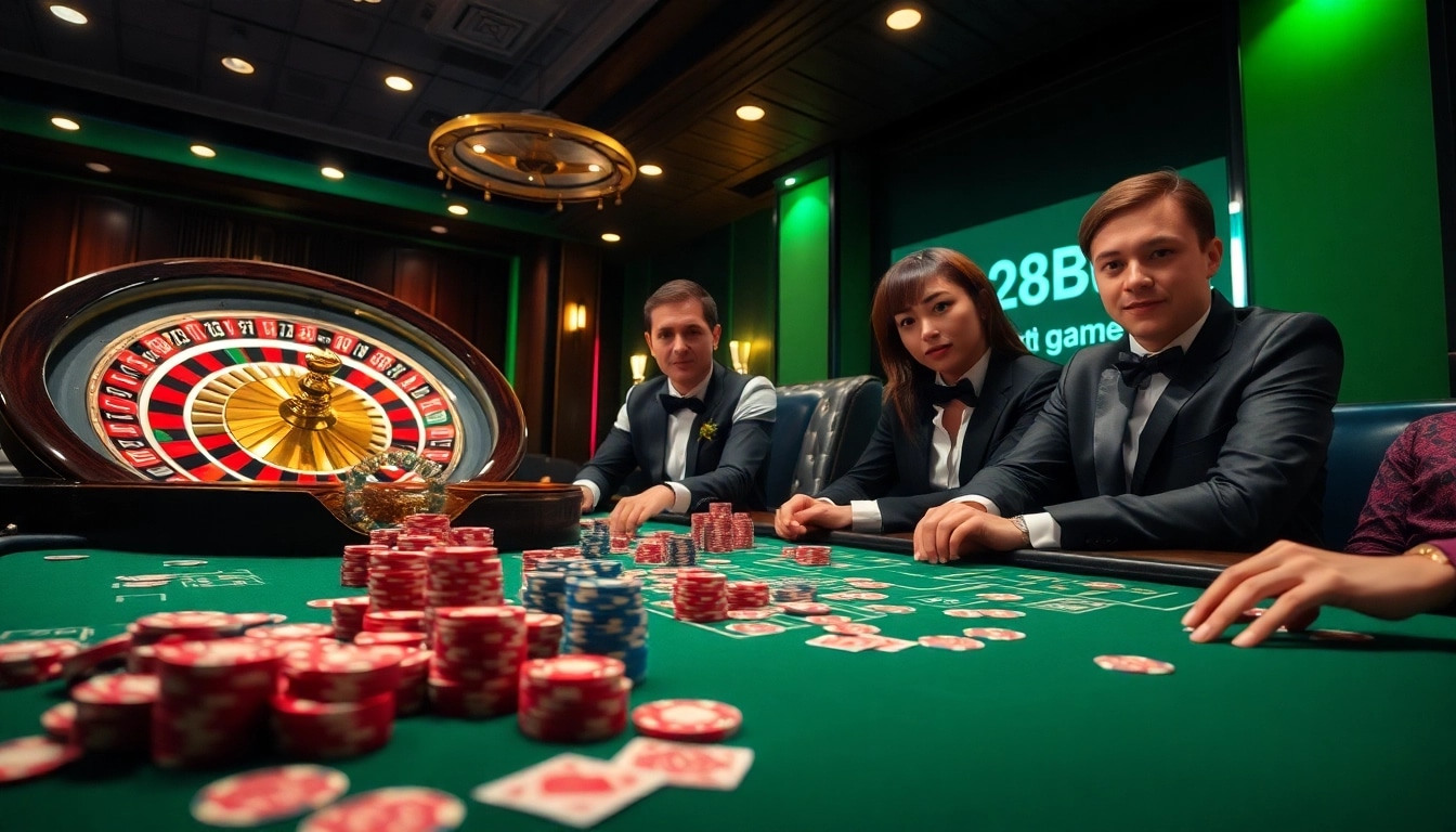 Play exciting games of 28bet game bài at a luxurious casino table filled with poker chips and cards.