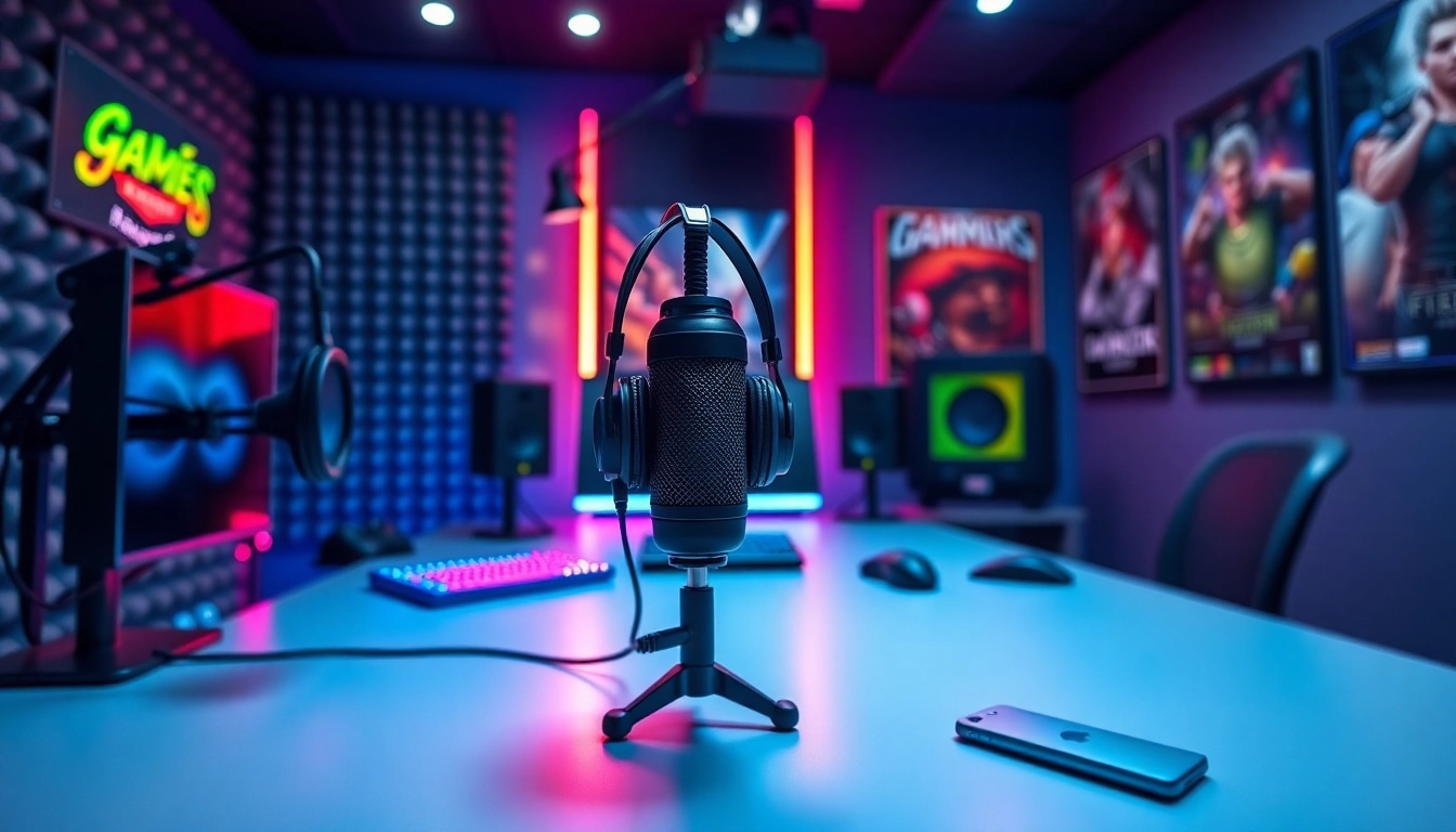 Erlebe ein Gaming Podcast-Setup mit modernem Mikrofon und entspannter Atmosphäre.