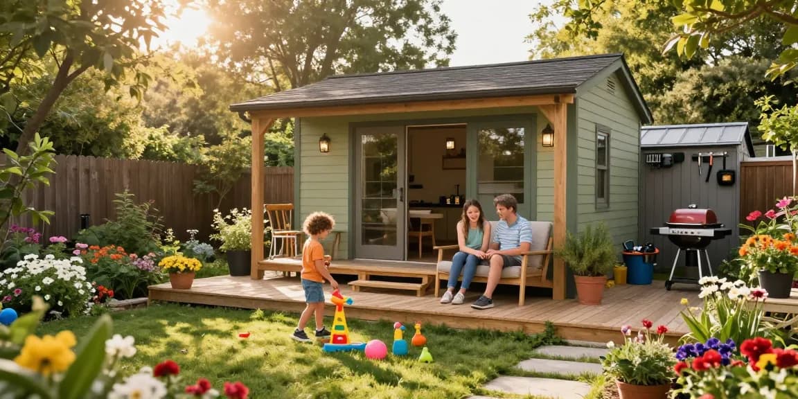 Gartenhaus kaufen: Familie genießt ihr neues Gartenhaus in einem blühenden Garten.