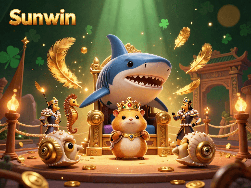 Experience thrilling wins at Sunwin with a vibrant 3D illustration of a golden hamster king and casino elements.